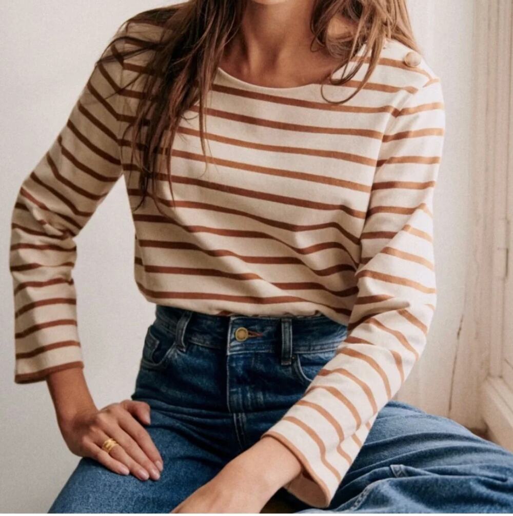 SEZANE | Colette Brown and Cream Button Shoulder Mariniere Sailor Shirt Small